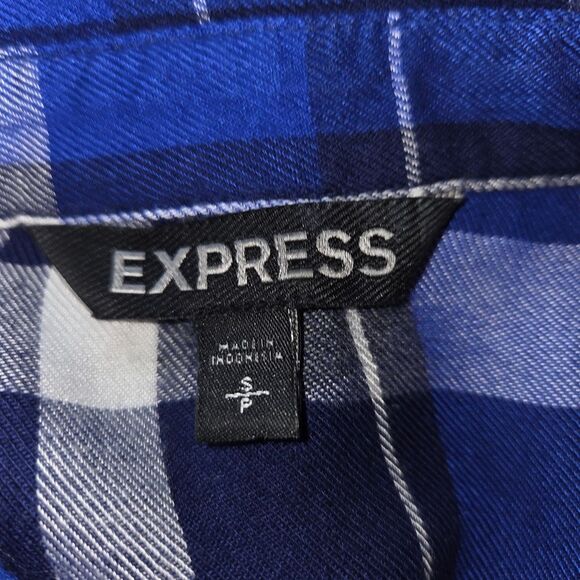 Express Boyfriend Blue Plaid Tab-Sleeve Button-Up Blouse, Size Small - Picture 7 of 8